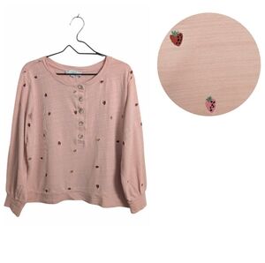 LOFT Pink Strawberry Embroidered Top